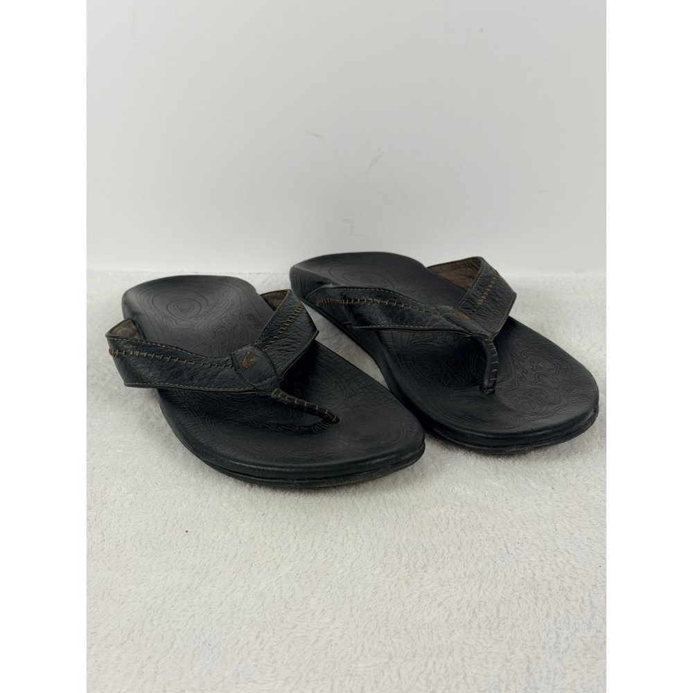 OluKai Hiapo Men's Premium Leather Flip Flop Sandals Black Size 13 EUR 46